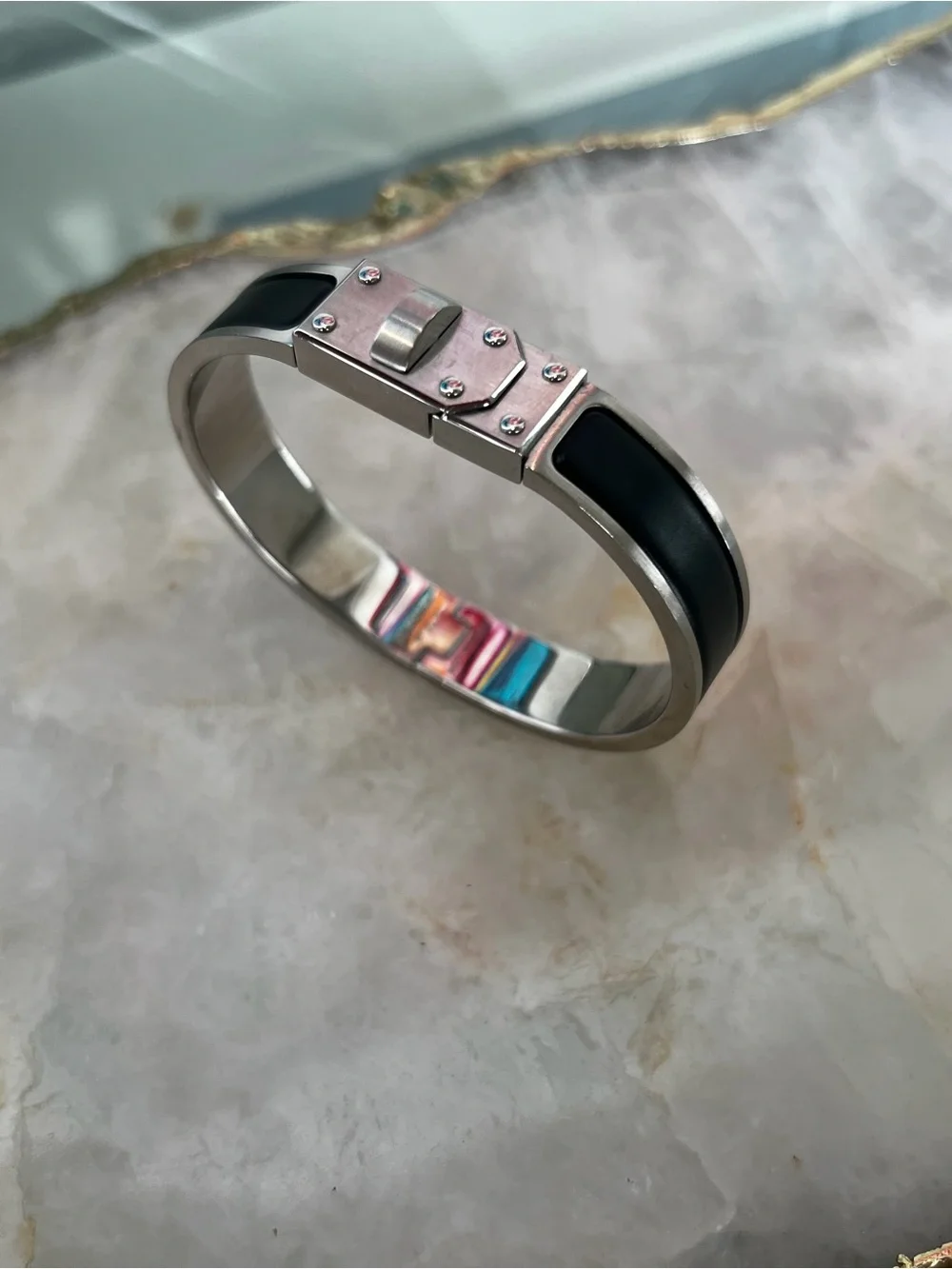 Hermes Black and Silver MEN Hinged Bracelet
